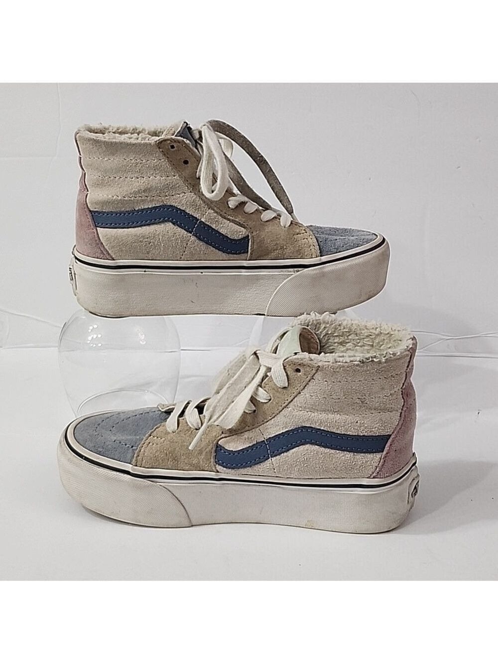 VANS SK8 HI Womens Size 5 Tan, Blue, PIG Suede , Sherpa lined Stackform